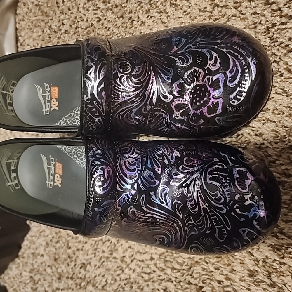 Dansko Black and Purple Mules with Floral Swirl Design